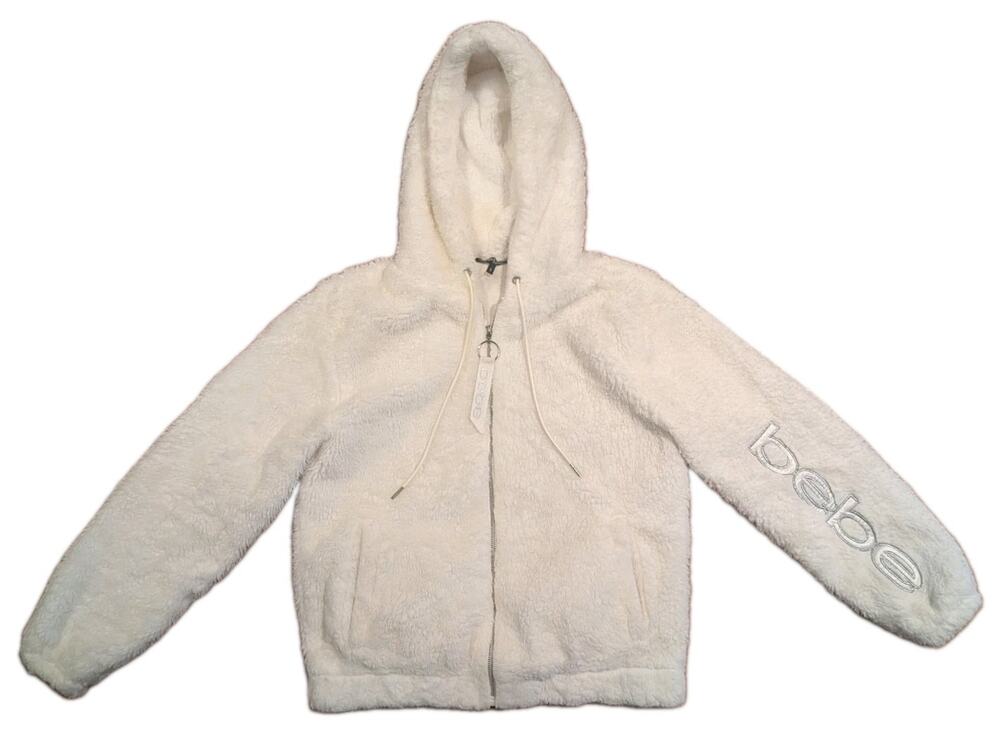 Y2K Bebe Sport White Fuzzy Sherpa Zip Up Hoodie Small